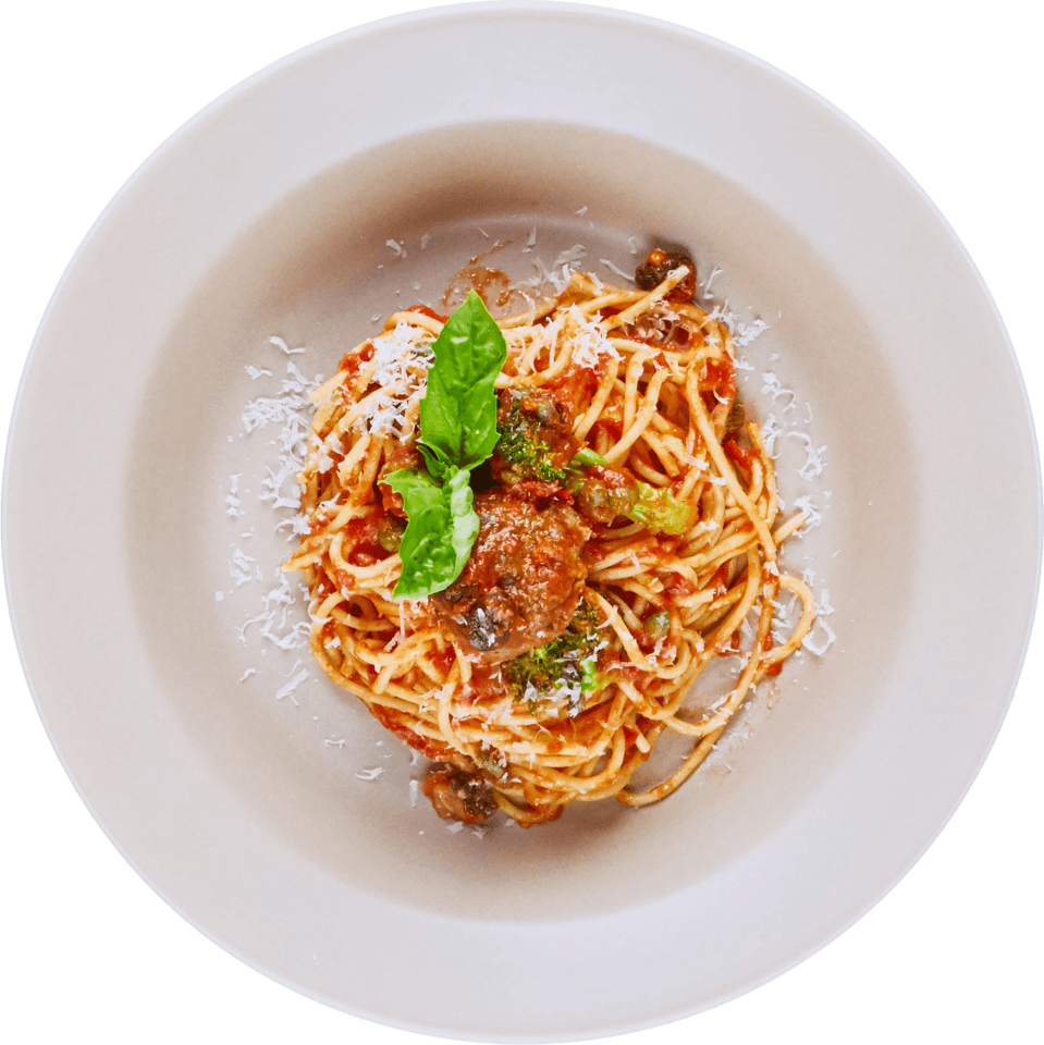 Spaghetti Pomodoro with Meatballs, Broccoli & Capers Innit